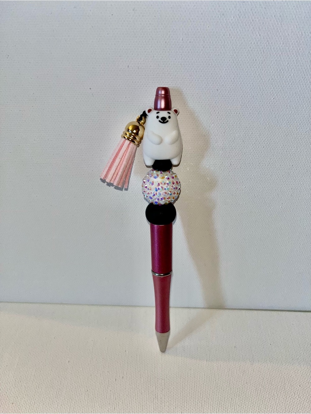 Decorative Pink Polar Bear Tassel Ballpoint Pen w/Lg Round Rhinestone Focal Bead